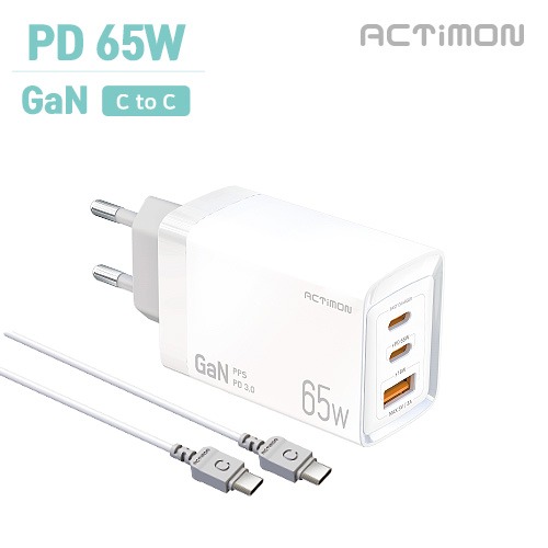엑티몬 GaN 지원PD 65W  USB+C타입 2구 초고속 가정용충전기 (C to C케이블포함)/MON-PD65W-HC7-CP 